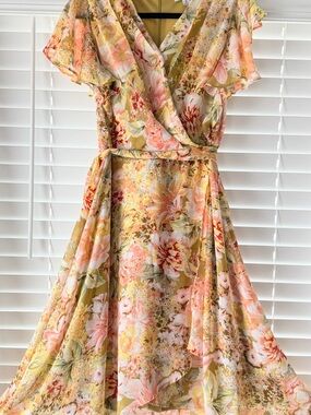 Shelby & Palmer Yellow Floral Wrap Midi Dress with Pink Accents